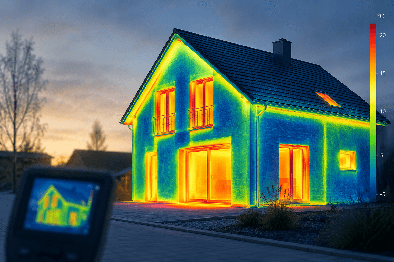 Thermografie einer Hausfassade mit sichtbaren Wärmeverlusten
