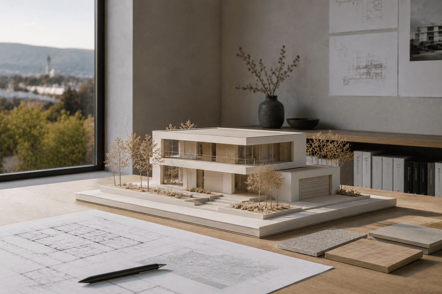 Architekturmodell eines modernen Wohnhauses mit Bauplänen auf dem Schreibtisch