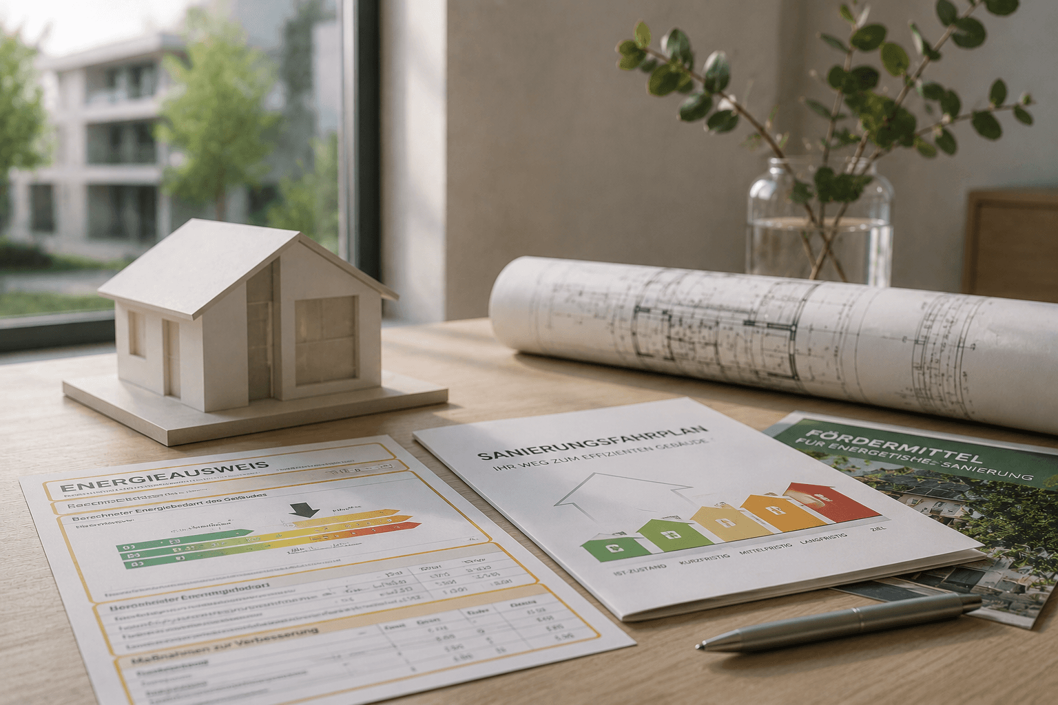 Energieausweis, Sanierungsfahrplan und Fördermittel-Unterlagen auf dem Schreibtisch